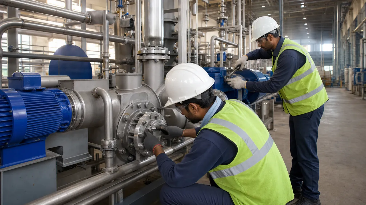 Service engineers in safety vests working on a stainless steel process pump and pipework